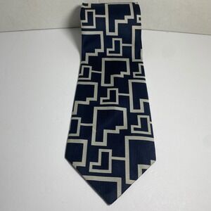 Villa Di Oro Mens Navy Blue Geometric Pattern Silk Blend Tie Made‎ in Italy VTG